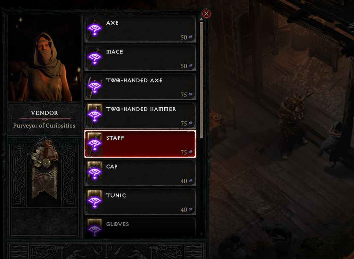 Une capture d'écran de l'inventaire du vendeur de curiosités dans Diablo 4