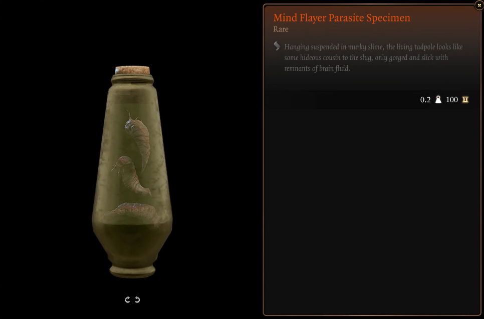 Une capture d’écran de la description en jeu de l’objet Mind Flayer Parasite Specimen dans Baldur’s Gate 3.
