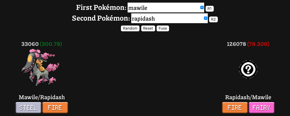 Une capture d’écran du générateur Pokemon Infinite Fusion. Mawile est sélectionné comme premier Pokémon, et Rapidash est sélectionné comme second Pokémon. La génération de gauche, « Mawile/Rapidash », a un sprite unique, tandis que la génération de droite, « Rapidash/Mawile », a échoué et n’a qu’un point d’interrogation graphique.