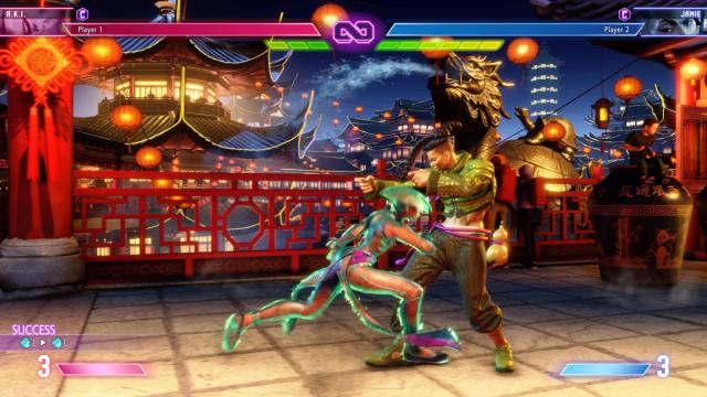 Capture d’écran de Street Fighter 6 d’A.K.I. effectuant un Drive Rush Cancel contre Jamie.