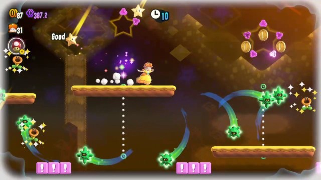 Une capture d’écran de Super Mario Bros. Wonder des étoiles filantes Wonder Flower. Daisy court en filant des étoiles d’invincibilité.