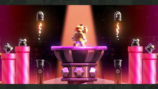 Une capture d’écran de Super Mario Bros. Wonder d’Elephant Daisy posant avant une performance musicale.