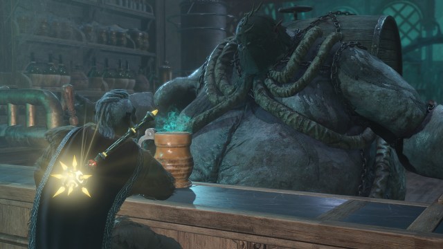 Une capture d’écran de Thisobald Thorm dans un bar en train de boire un verre avec un personnage de Baldur’s Gate 3.