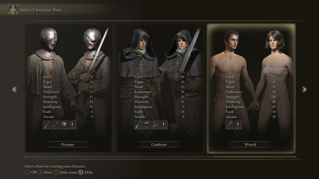 Capture d’écran d’Elden Ring des options de base des personnages du Prisonnier, du Confesseur et du Misérable