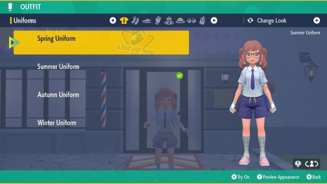 Capture d’écran de Pokémon Écarlate et Violet de l’uniforme d’été avec des accessoires pastel