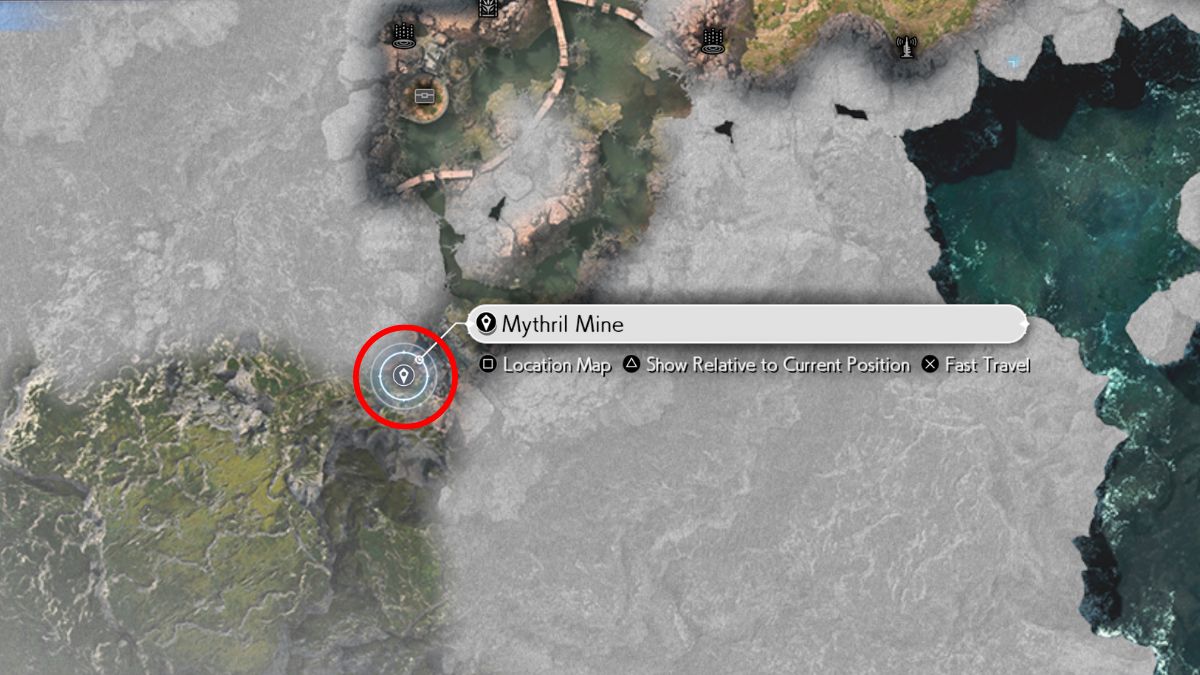 Capture d’écran de l’emplacement de la mine de Mythril sur la carte dans Final Fantasy 7 Rebirth.