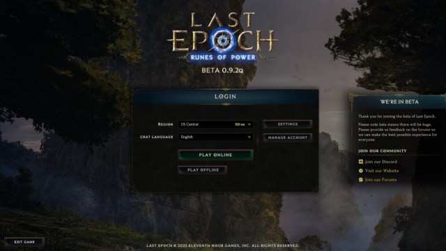 Menu de connexion Last Epoch