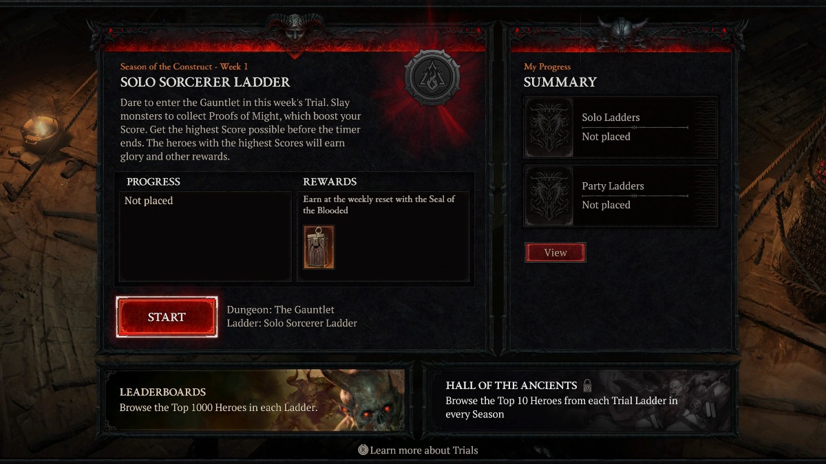 Le menu Gauntlet dans Diablo 4