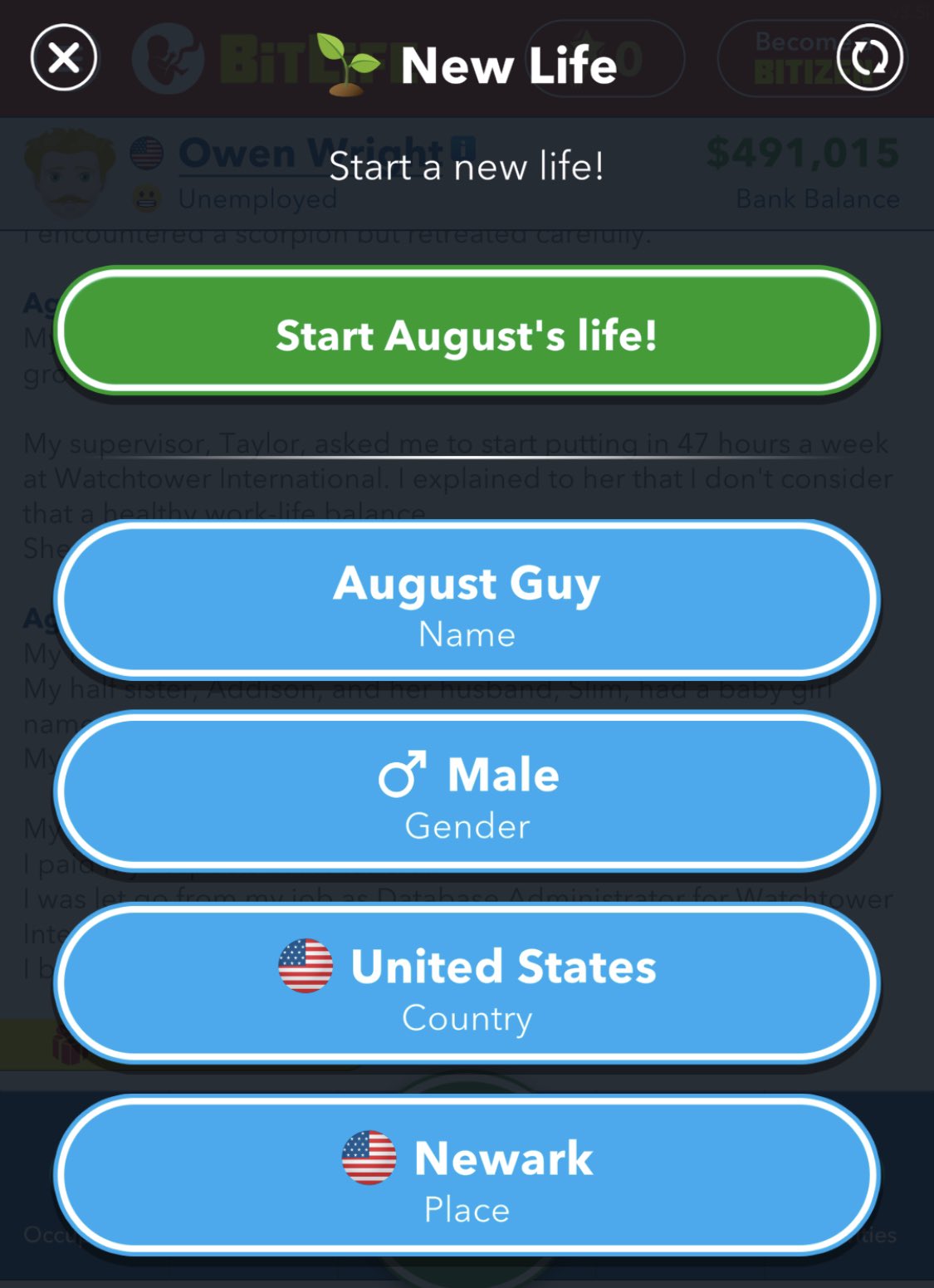 Comment naitre dans le New Jersey dans Bitlife