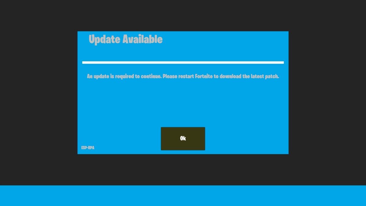 Capture d’écran de l’erreur « Veuillez redémarrer Fortnite pour télécharger le dernier patch ».