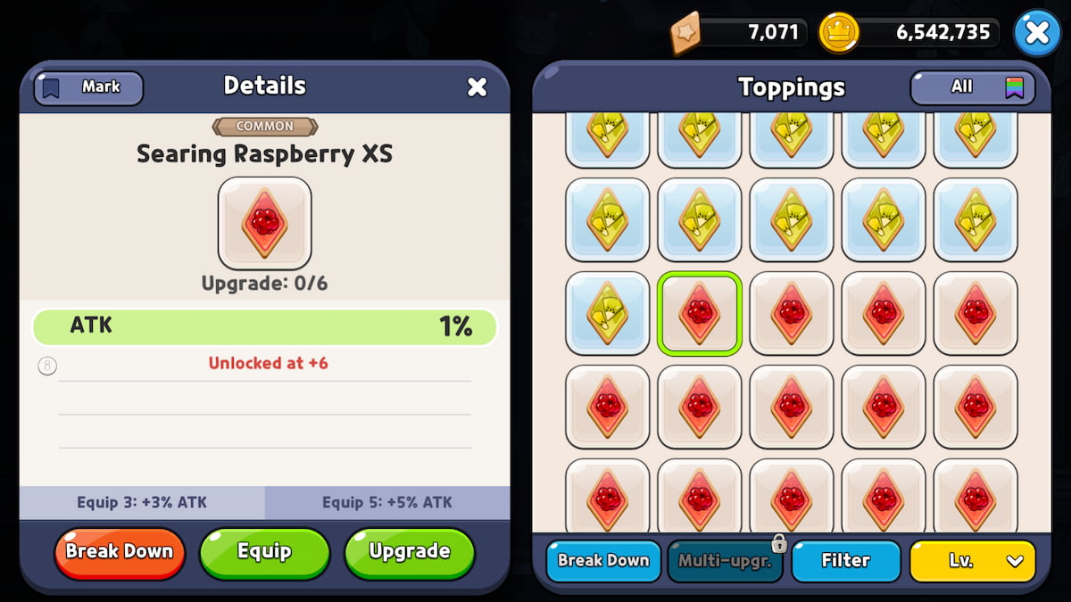 Taille et rareté des garnitures dans Cookie Run Kingdom.