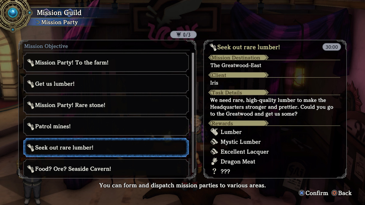 Une capture d’écran d’Eiyuden Chronicle : Hundred Heroes de la liste des missions de guilde. La mission « À la recherche de bois rare ! » est mise en évidence.