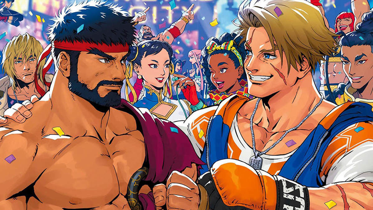 Une illustration de Ryu, Luke et de nombreux autres personnages de Street Fighter en train de célébrer.