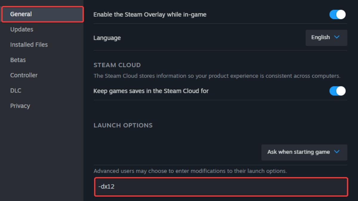 DX12 Lancer la commande Steam