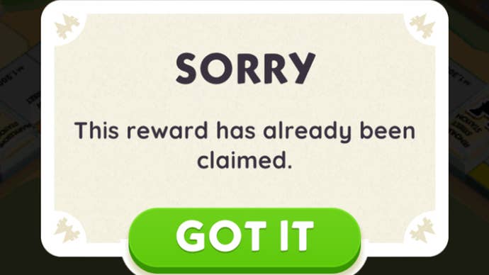 Un message d’erreur qui apparaît dans Monopoly Go indiquant qu’une récompense ne peut pas être réclamée.