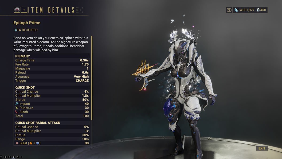 Statistiques de Warframe Epitaph Prime