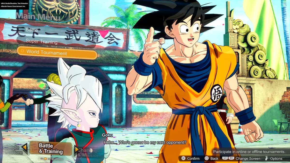 Goku interagissant avec Supreme Kai dans Dragon Ball : Sparking ! ZERO dans la zone du tournoi mondial, prêt pour un nouveau défi d’entraînement.