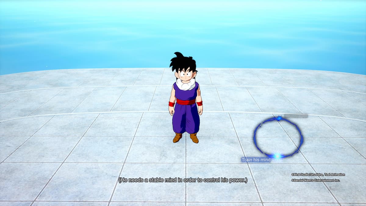 Le jeune Gohan debout sur une surface carrelée dans la Chambre du Temps Hyperbolique avec du bleu en arrière-plan. 